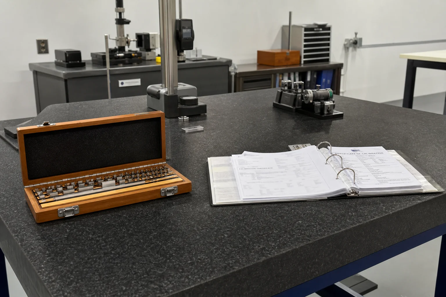 Metrology lab — granite surface plate with gauge block set and calibration records