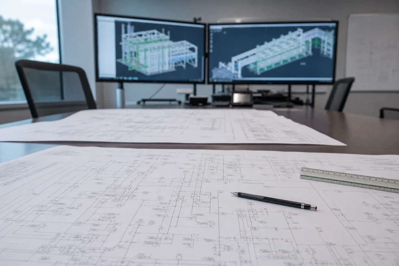 Engineering desk with P&ID drawings and CAD displays